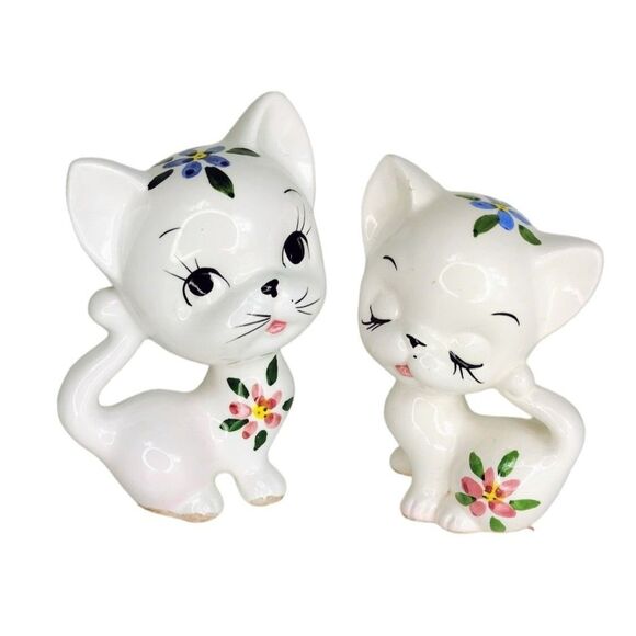 Vintage 40s Japanese Ceramic Kitsch Kawaii Big Eye Kitty Cat Animal Figurines - Picture 1 of 12